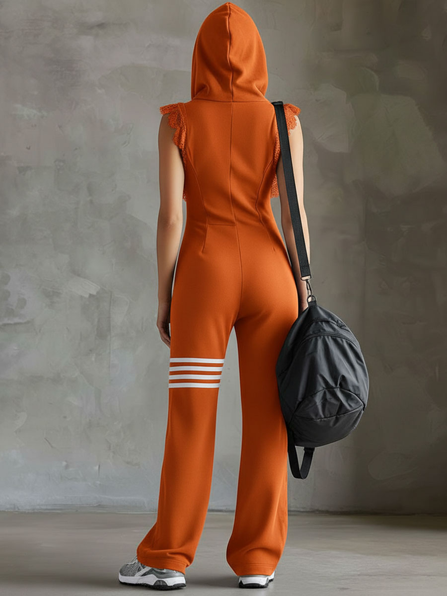 Retro-inspirierter schwarzer ärmelloser Kapuzen-Jumpsuit mit sportlichen streifen