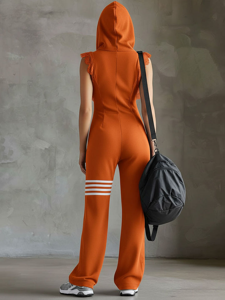 Retro-inspirierter schwarzer ärmelloser Kapuzen-Jumpsuit mit sportlichen streifen
