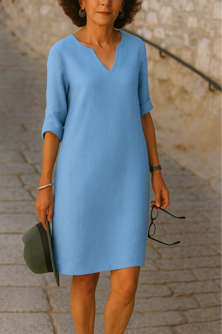 Elvy | Elegantes V-Ausschnitt Midikleid für Damen mit 3/4-Ärmeln und langen Ärmeln