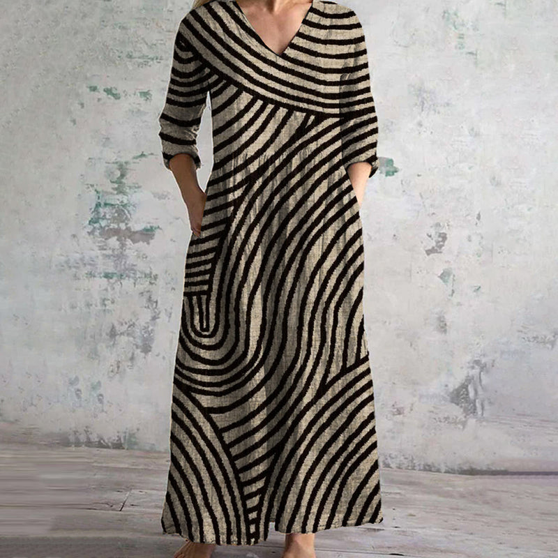Eve | Vintage Streifenkleid für Damen mit V-Ausschnitt und 3/4-Ärmeln