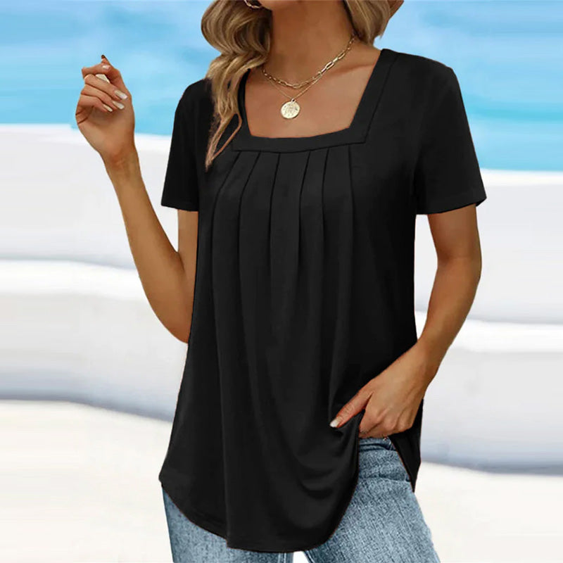 Mindy | Elegante Faltenbluse für Damen mit eckigem Ausschnitt und kurzen Ärmeln