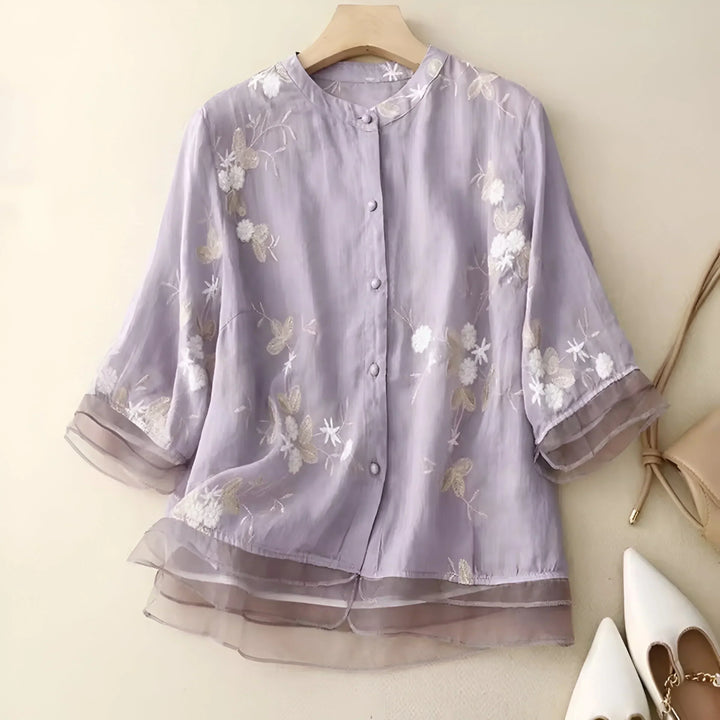 Emily | Bluse für Damen mit bestickten Blumen, Rundhalsausschnitt und langen Ärmeln