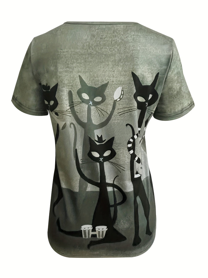 Sue | Lässiges T-Shirt für Damen mit Katzenmotiv und V-Ausschnitt