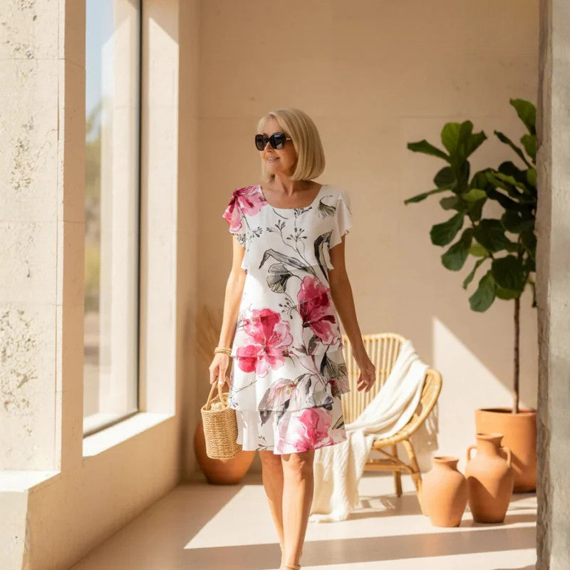Phoebe | Bloom Ruffle Kleid für Damen mit Blumenmuster und Rundhalsausschnitt