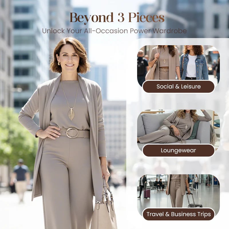 Schickes 3-teiliges Ensemble: Langer Cardigan, Top und Hose für Damen