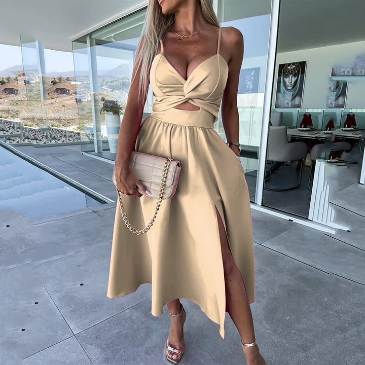 Chloe | Midikleid für Damen mit hohem Schlitz und Spaghetti-Trägern