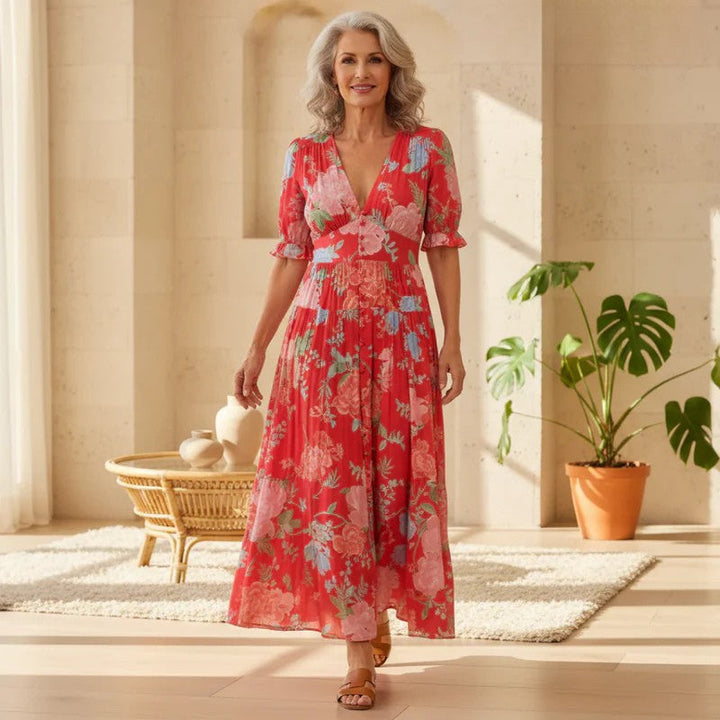 Floriana | Lebhaftes Blumenkleid für Damen mit V-Ausschnitt und kurzen Ärmeln
