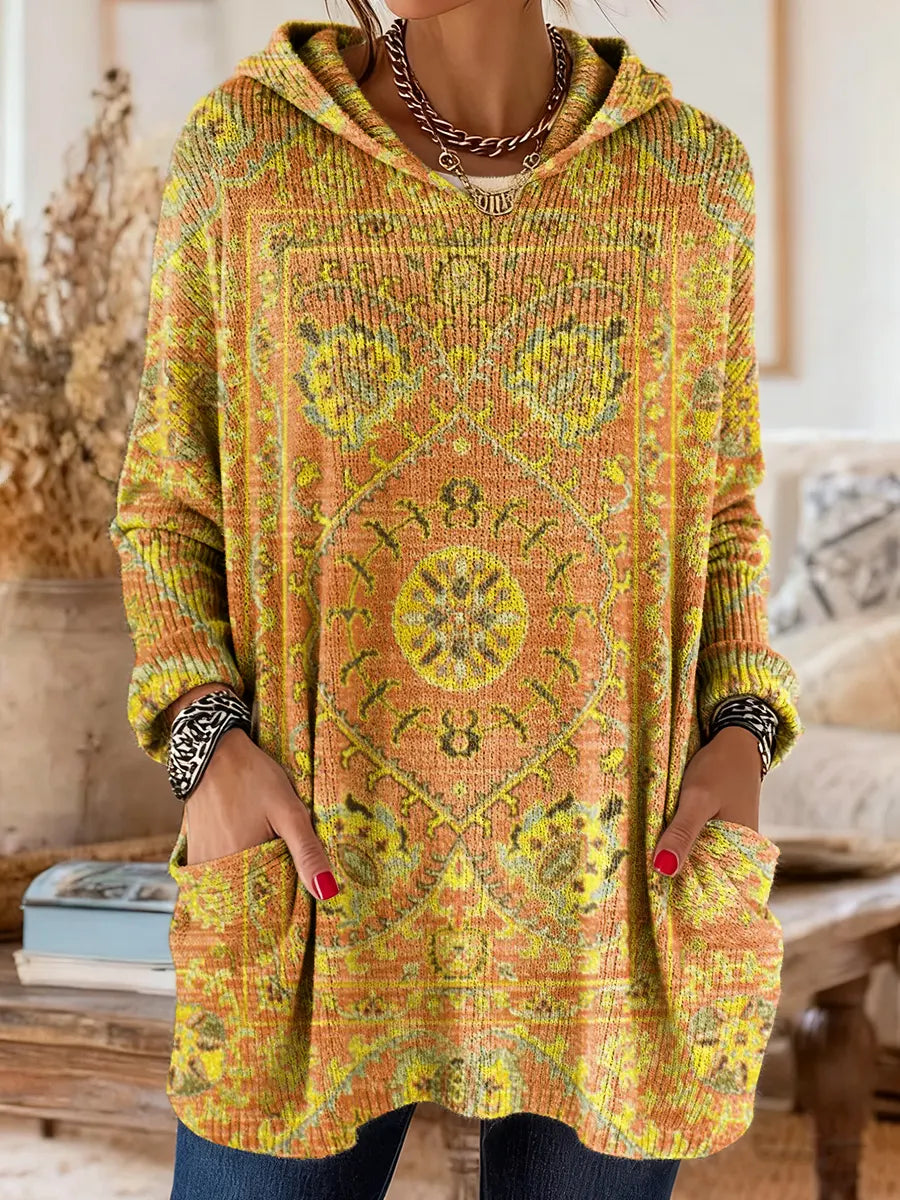Vintage-inspirierte Kapuzenstrick-Tunika für Damen mit Taschen und ethnischem Druck