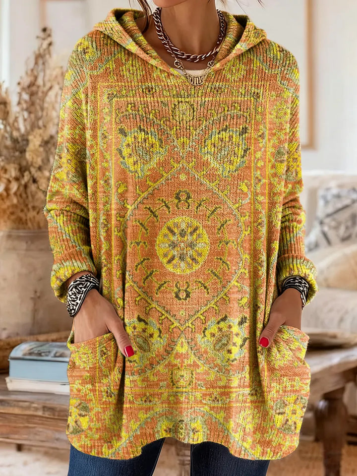 Vintage-inspirierte Kapuzenstrick-Tunika für Damen mit Taschen und ethnischem Druck