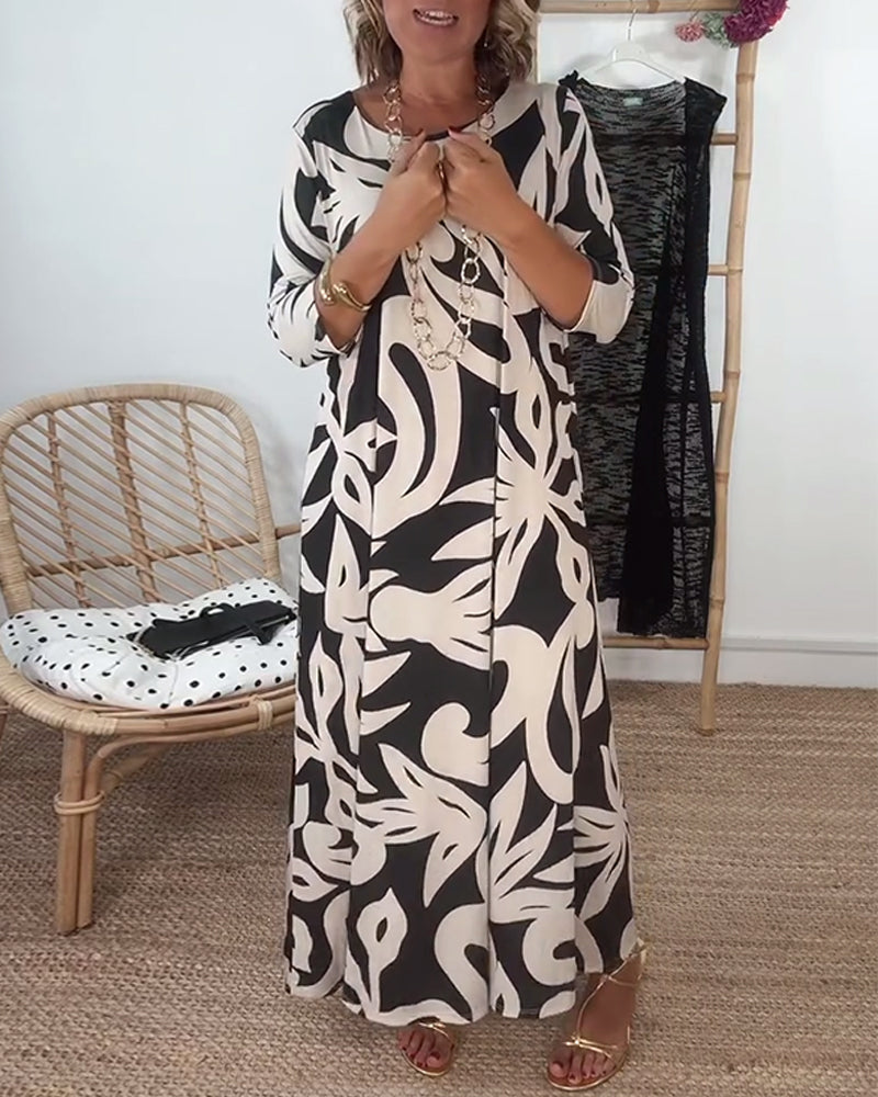Ysabel | Abstraktes Muse Maxikleid für Damen mit Rundhalsausschnitt und 3/4-Ärmeln