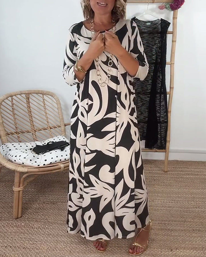 Ysabel | Abstraktes Muse Maxikleid für Damen mit Rundhalsausschnitt und 3/4-Ärmeln