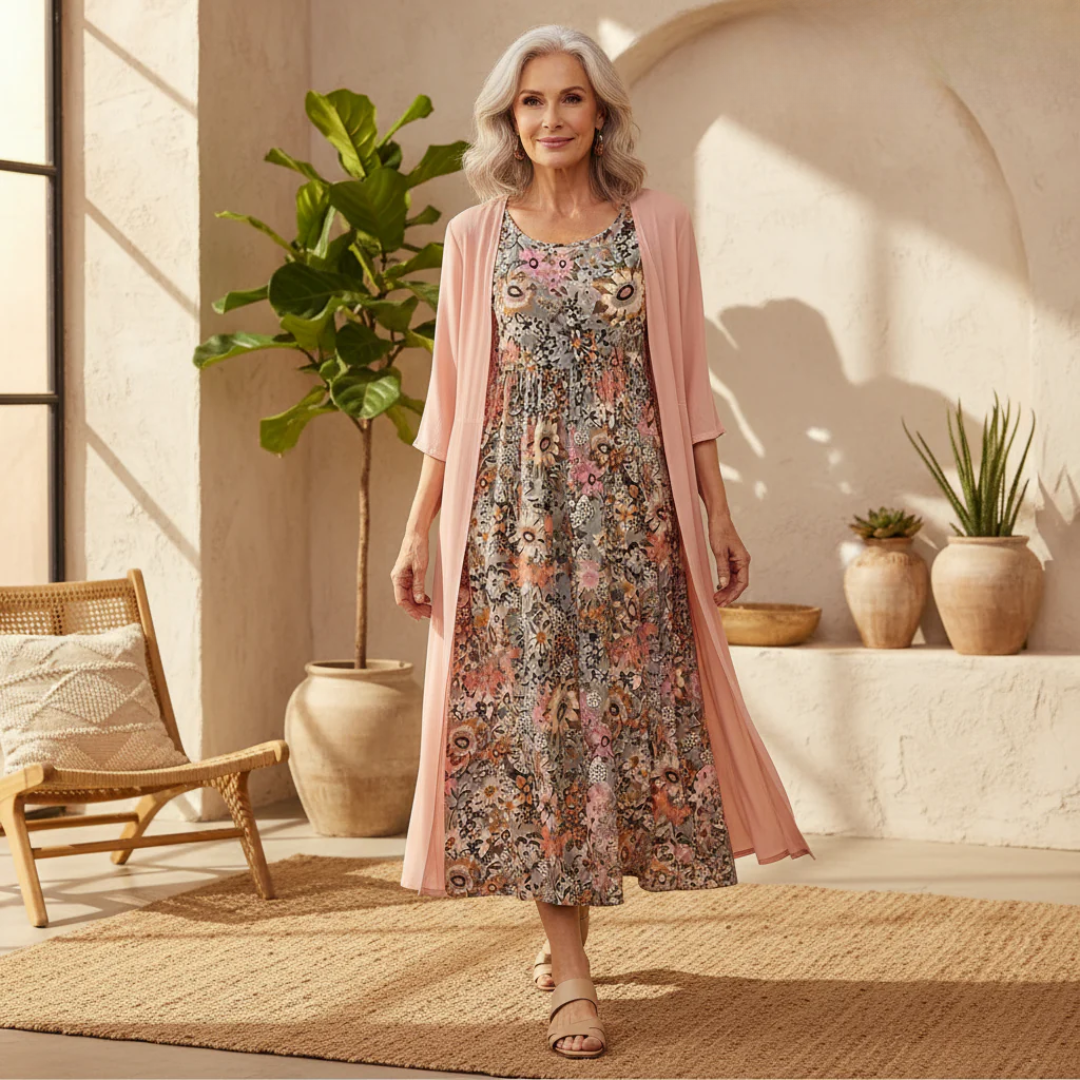 Essie | Florales Boho-Midikleid für Damen mit Rundhalsausschnitt und kurzen Ärmeln