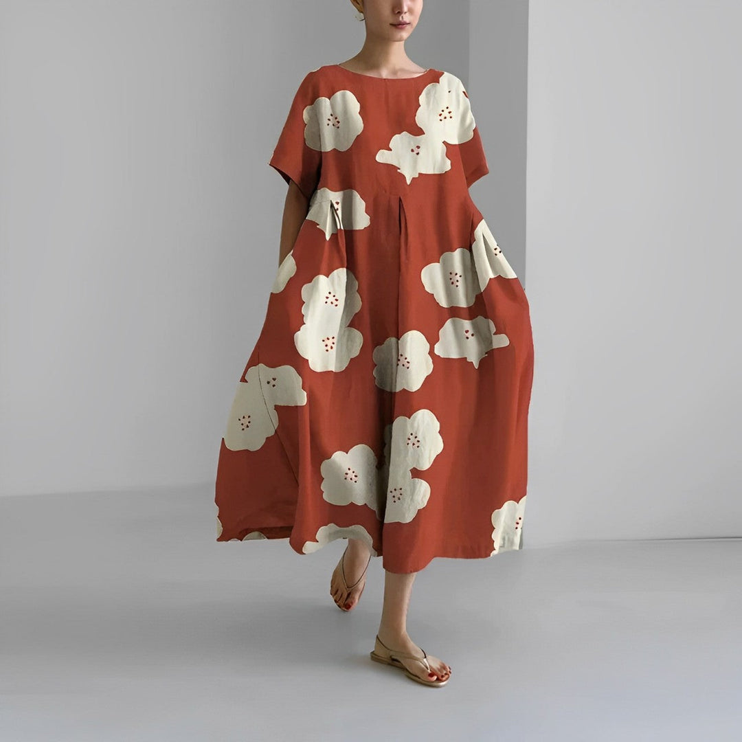 Floria | Lebhaftes Blumenkleid für Damen mit Rundhalsausschnitt und kurzen Ärmeln