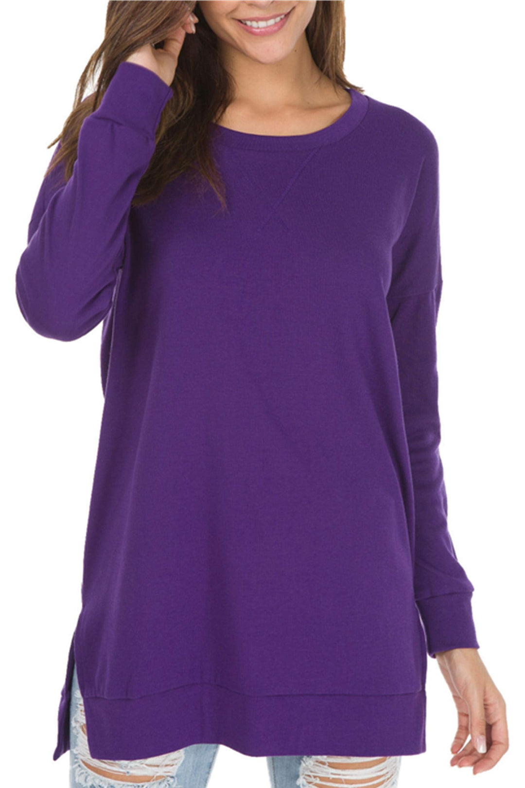 Violett | Langärmelige Seitlich Geschlitzte Lockere Tops für Damen