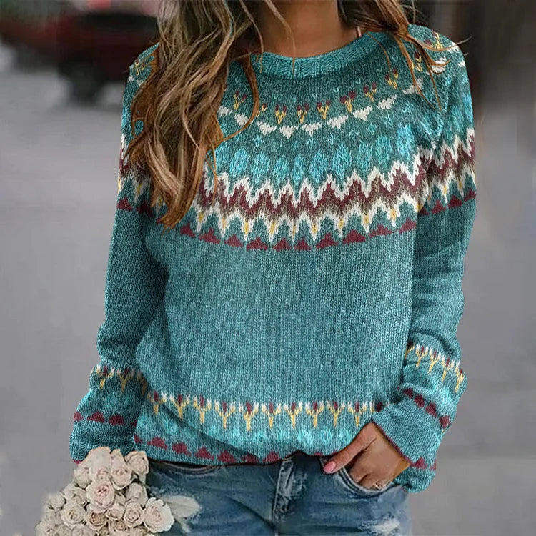 Nicole | Retro-Pullover für Damen mit Wellenmuster und Rundhalsausschnitt
