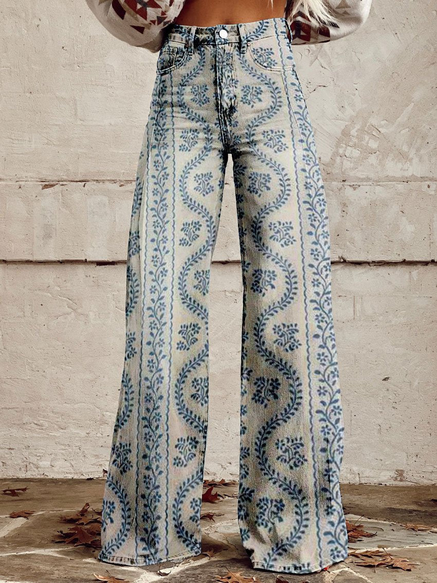 Lena Blau Gemustert Breit Geschnittete Hose für Damen mit weiter Passform