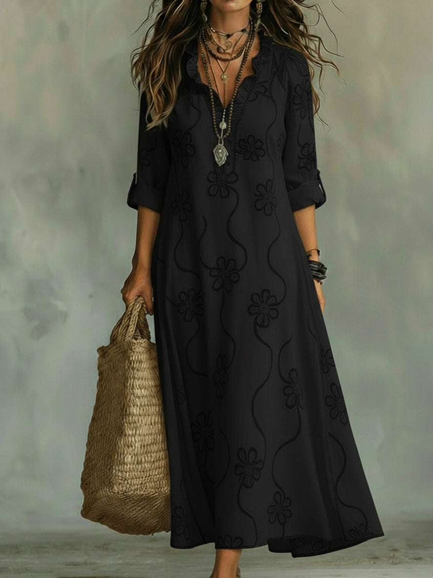 Mila | Damen Maxikleid mit Blumenmuster, V-Ausschnitt und Rüsche