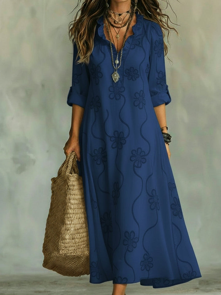 Mila | Damen Maxikleid mit Blumenmuster, V-Ausschnitt und Rüsche