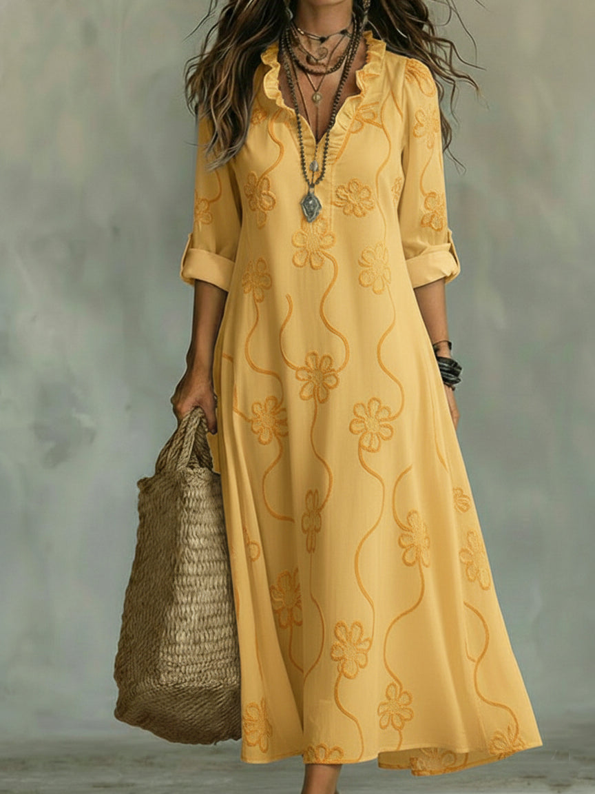 Mila | Damen Maxikleid mit Blumenmuster, V-Ausschnitt und Rüsche