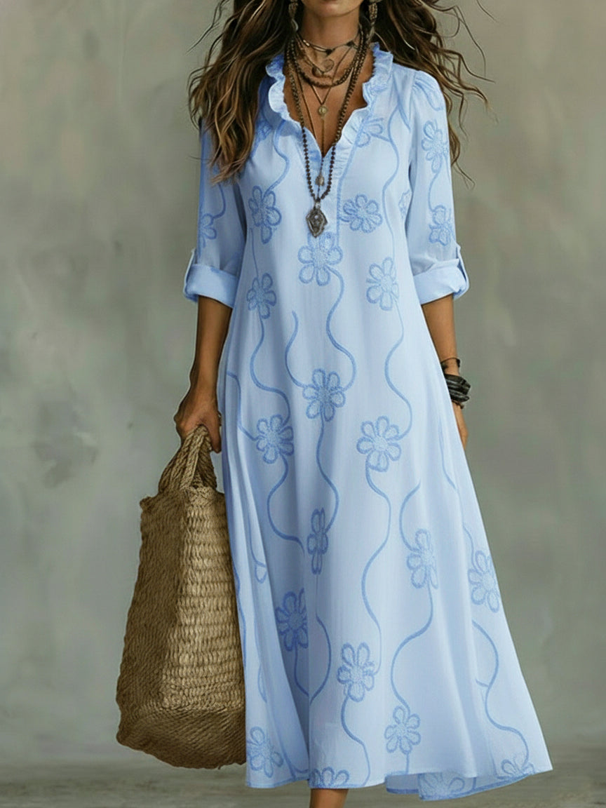 Mila | Damen Maxikleid mit Blumenmuster, V-Ausschnitt und Rüsche