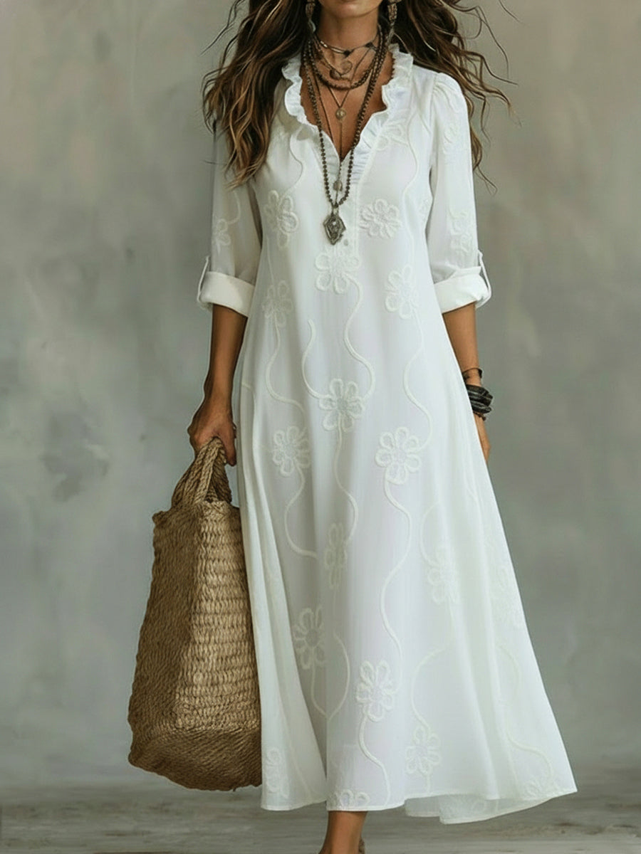 Mila | Damen Maxikleid mit Blumenmuster, V-Ausschnitt und Rüsche