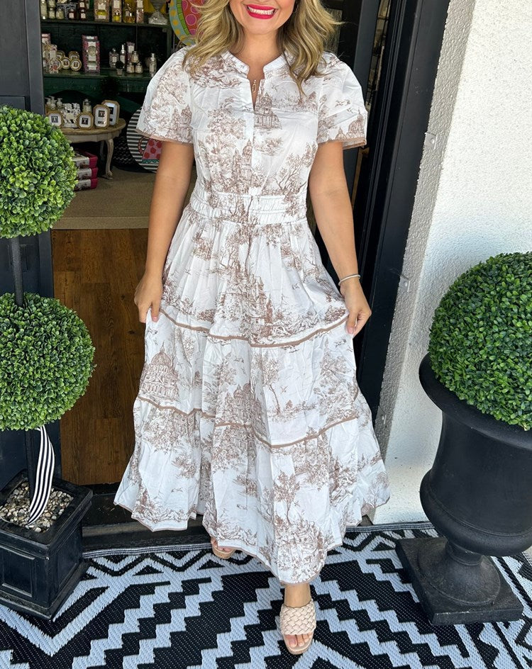 Eliza | Klassisches Toile Maxi Kleid für Damen mit V-Ausschnitt und kurzen Ärmeln