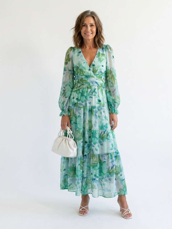 Althea | Langärmliges Blumenkleid Maxi für Damen mit V-Ausschnitt