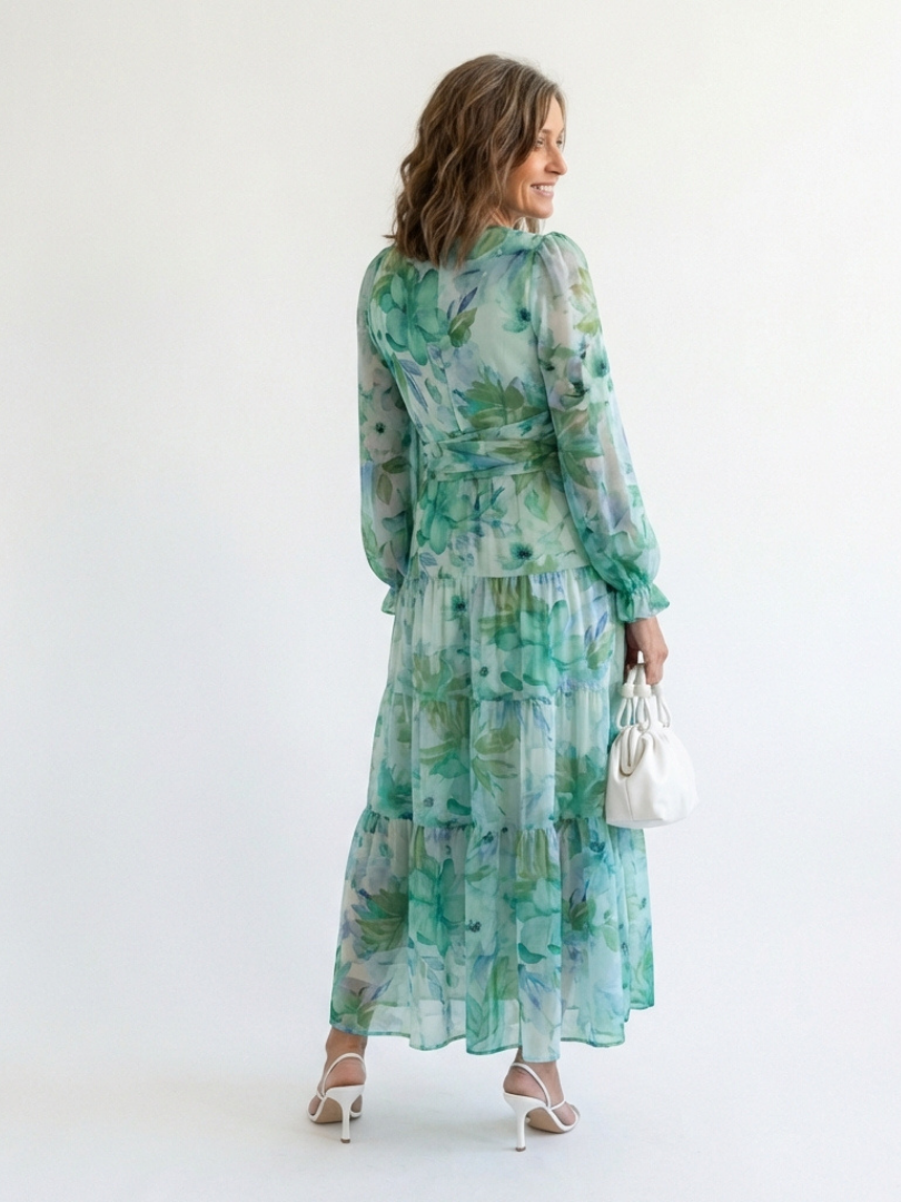 Althea | Langärmliges Blumenkleid Maxi für Damen mit V-Ausschnitt