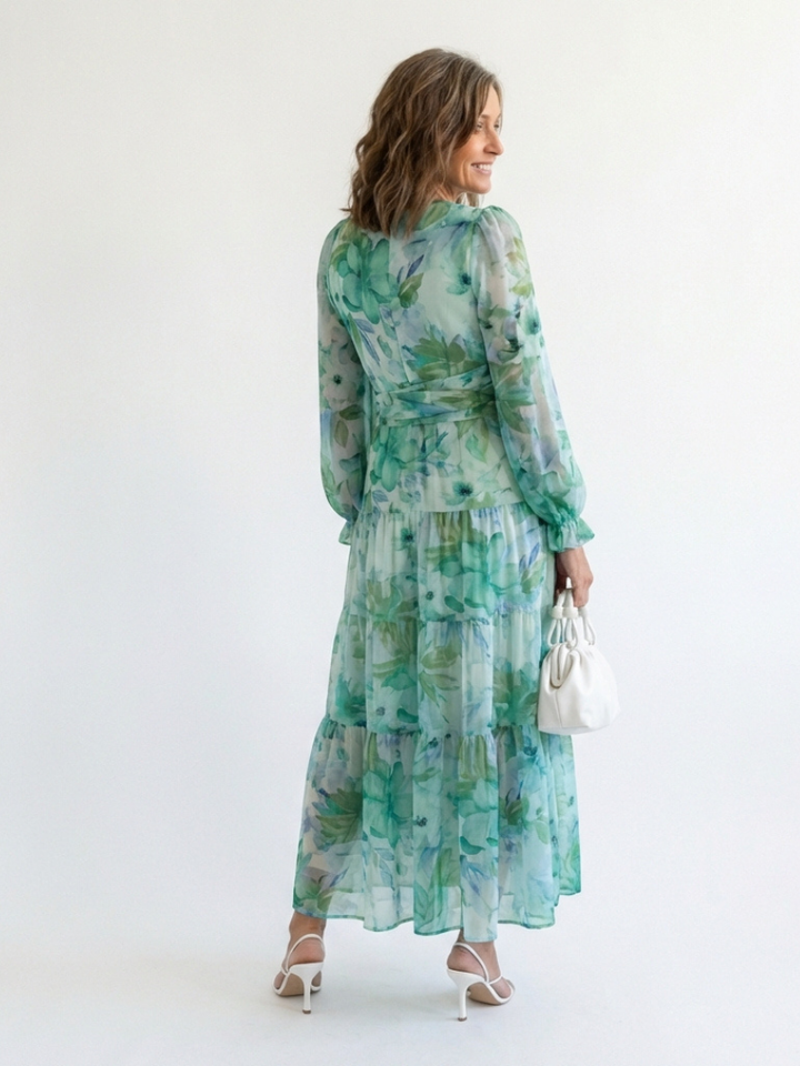 Althea | Langärmliges Blumenkleid Maxi für Damen mit V-Ausschnitt
