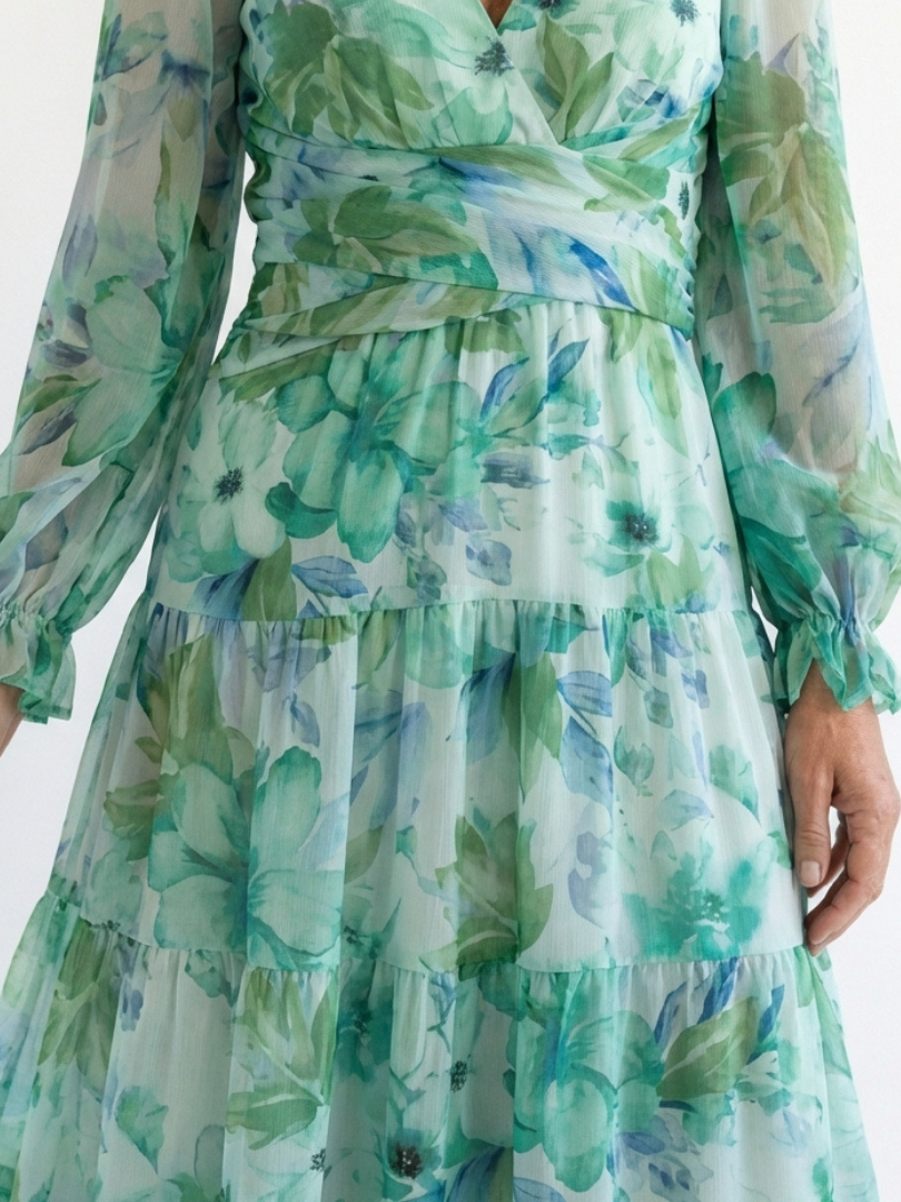 Althea | Langärmliges Blumenkleid Maxi für Damen mit V-Ausschnitt