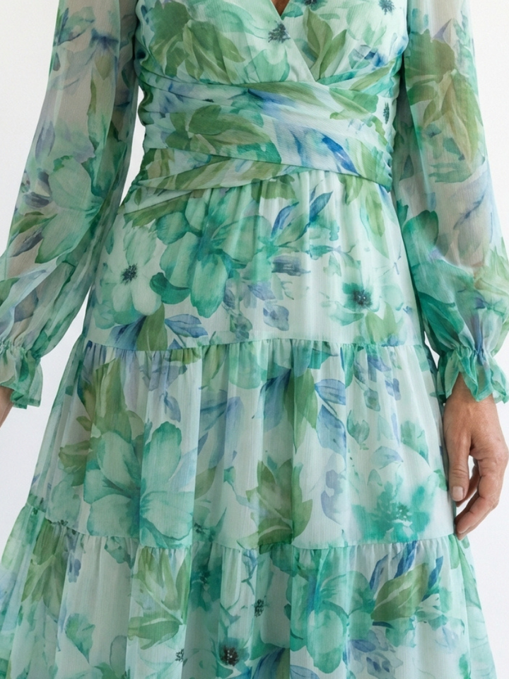 Althea | Langärmliges Blumenkleid Maxi für Damen mit V-Ausschnitt