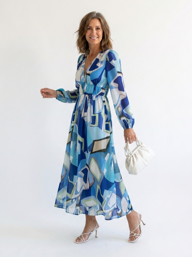 Althea | Langärmliges Blumenkleid Maxi für Damen mit V-Ausschnitt