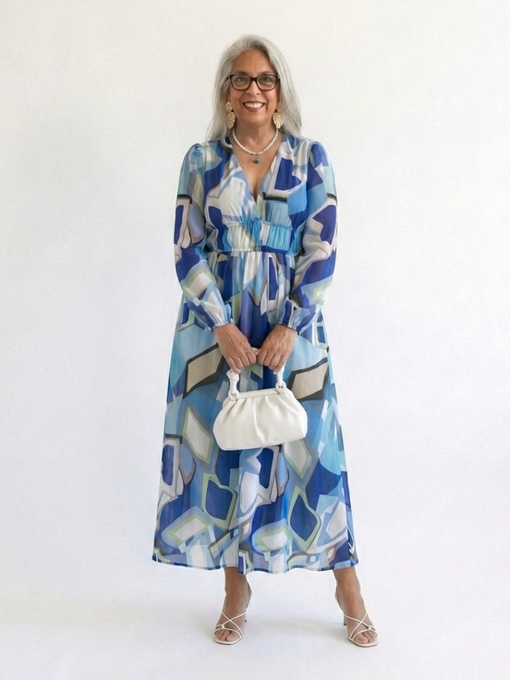 Althea | Langärmliges Blumenkleid Maxi für Damen mit V-Ausschnitt