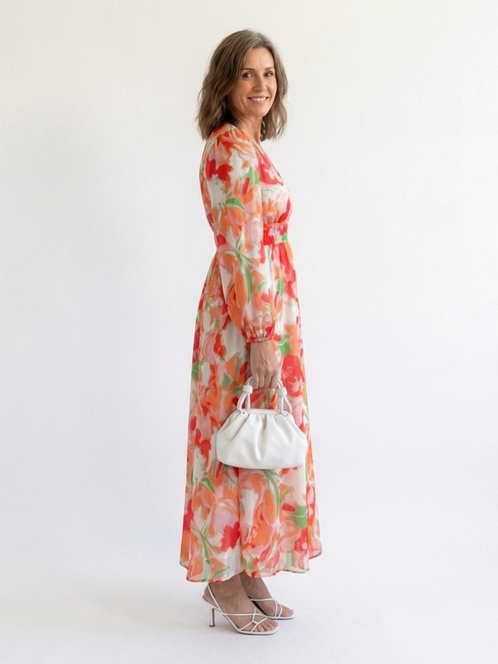 Althea | Langärmliges Blumenkleid Maxi für Damen mit V-Ausschnitt