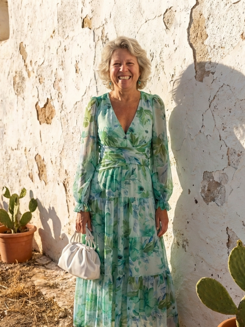 Althea | Langärmliges Blumenkleid Maxi für Damen mit V-Ausschnitt
