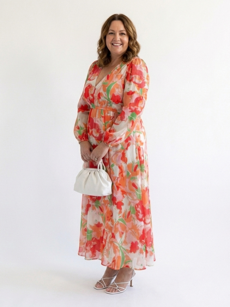 Althea | Langärmliges Blumenkleid Maxi für Damen mit V-Ausschnitt