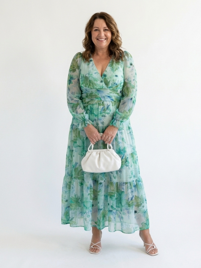 Althea | Langärmliges Blumenkleid Maxi für Damen mit V-Ausschnitt
