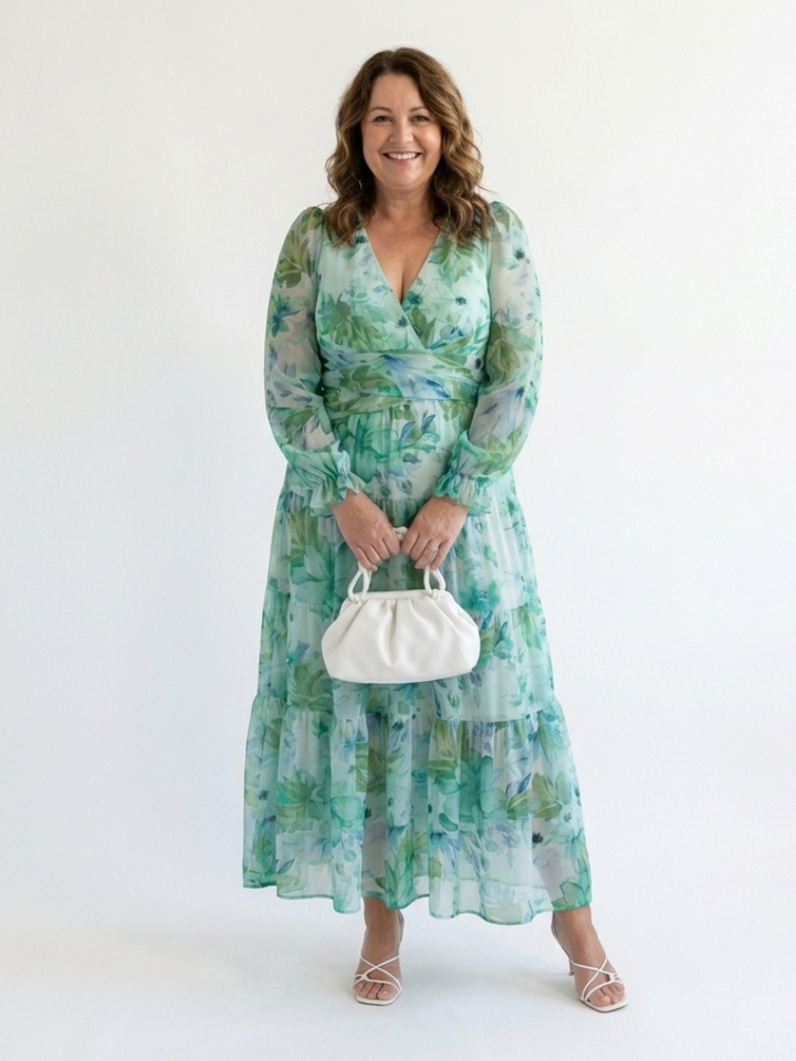 Althea | Langärmliges Blumenkleid Maxi für Damen mit V-Ausschnitt