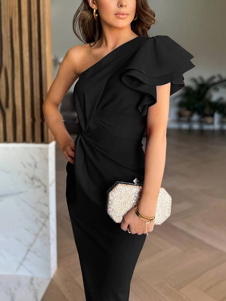 Nora | Damen-Midikleid mit einem Schulterträger, Rüschen und Cut-out