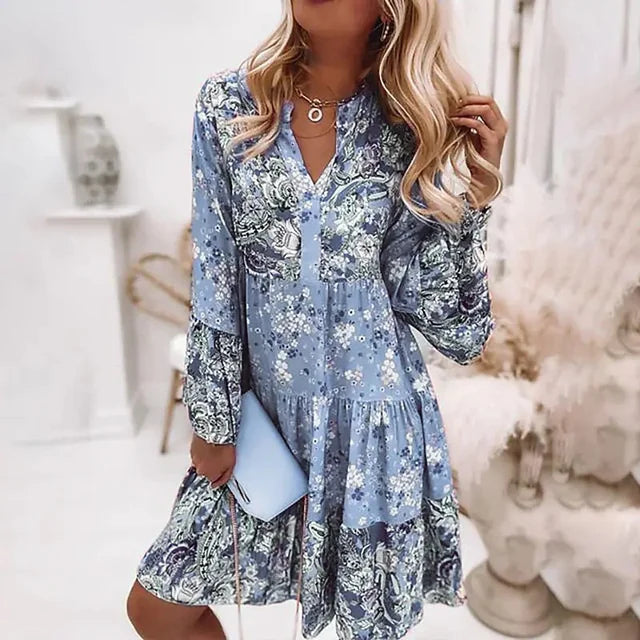 Ashley | Gedrucktes Boho-Kleid mit Blumenmuster und langen Ärmeln