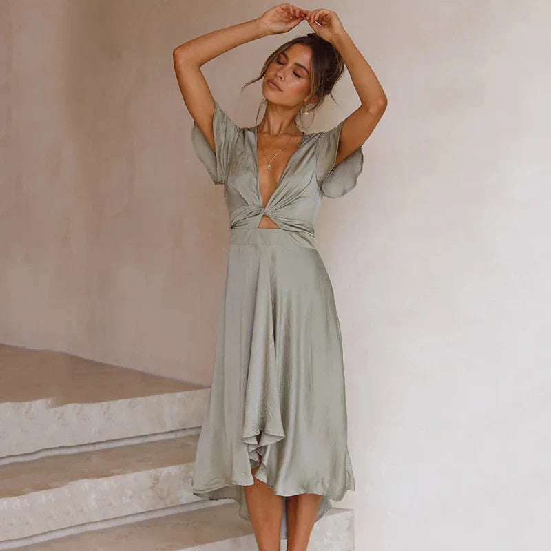 Edvige | Maxikleid aus Rosenholz für Damen mit V-Ausschnitt und kurzen Ärmeln