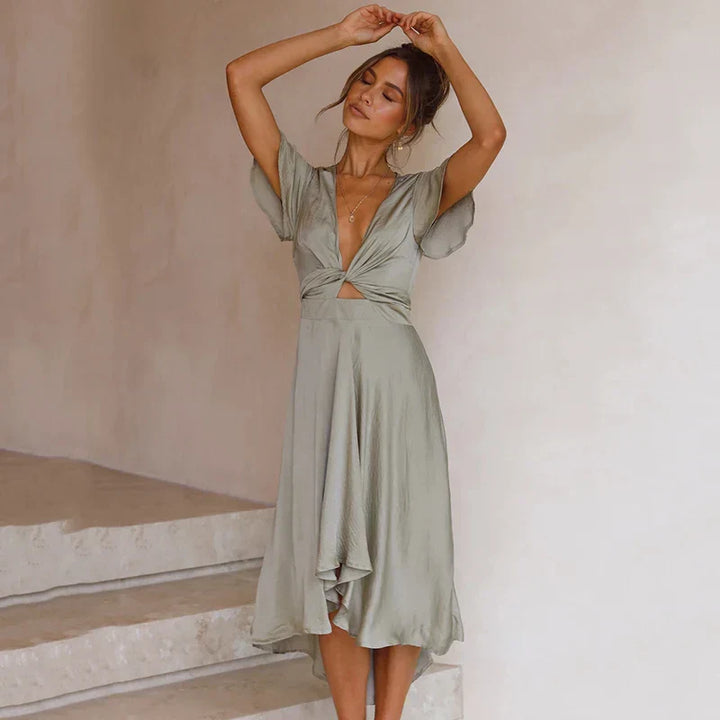 Edvige | Maxikleid aus Rosenholz für Damen mit V-Ausschnitt und kurzen Ärmeln