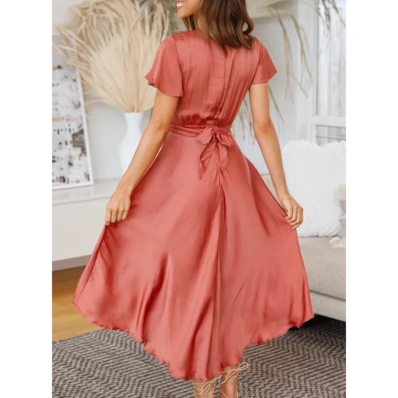 Edvige | Maxikleid aus Rosenholz für Damen mit V-Ausschnitt und kurzen Ärmeln