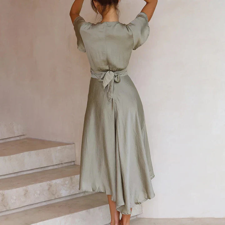 Edvige | Maxikleid aus Rosenholz für Damen mit V-Ausschnitt und kurzen Ärmeln