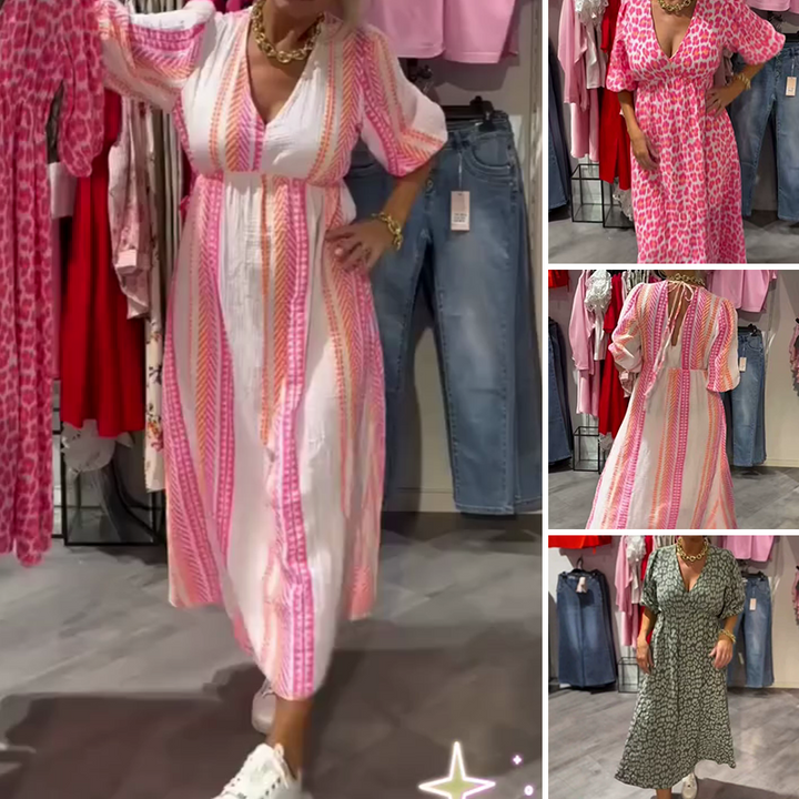 Avenia | Gedrucktes V-Ausschnitt Midikleid für Damen mit kurzen Ärmeln