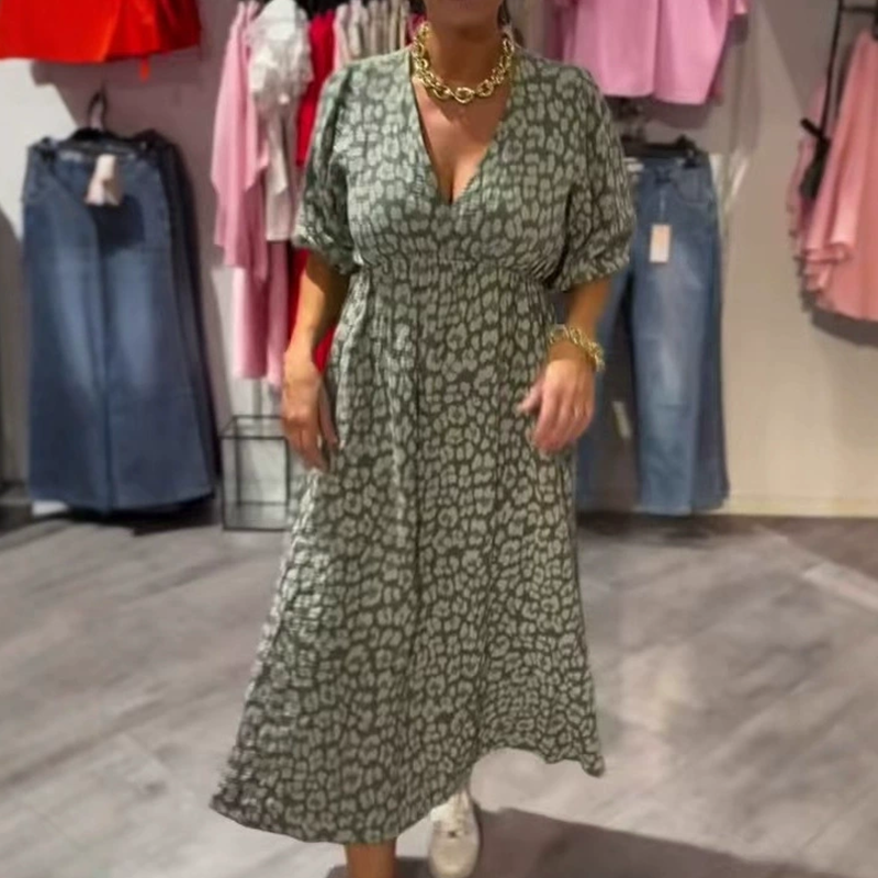 Avenia | Gedrucktes V-Ausschnitt Midikleid für Damen mit kurzen Ärmeln