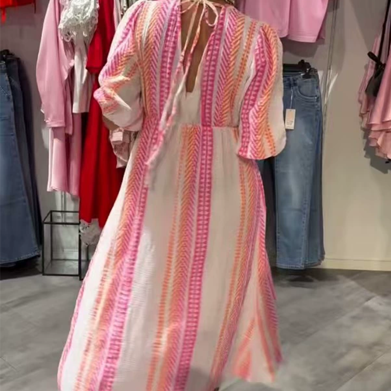 Avenia | Gedrucktes V-Ausschnitt Midikleid für Damen mit kurzen Ärmeln