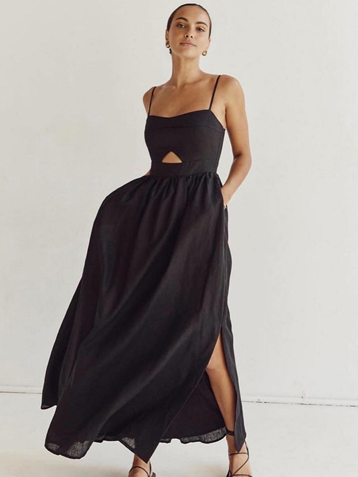 Damen ärmelloses Maxikleid mit Taschen und Cut-Out