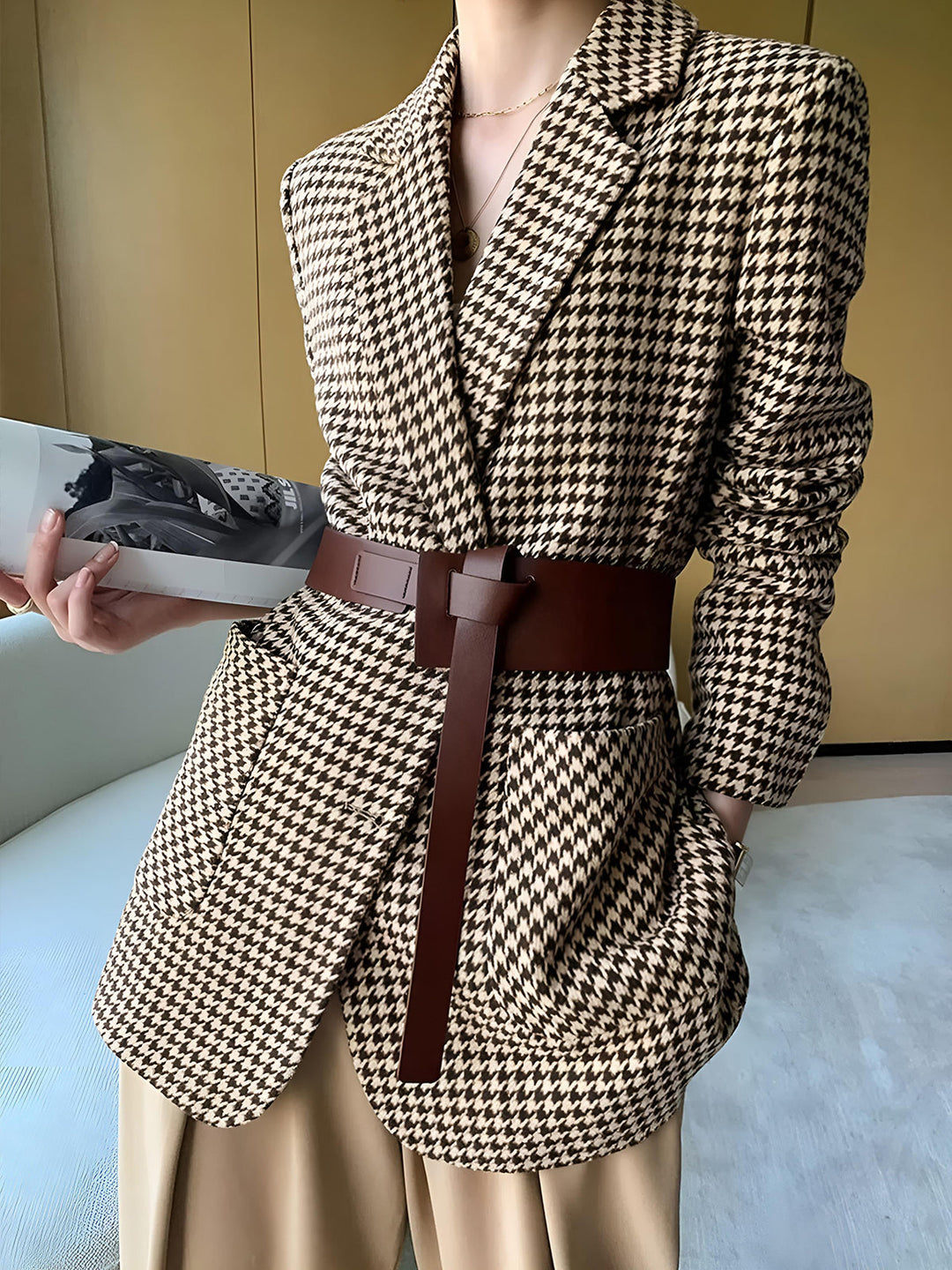 Damen Hahnentritt Blazer mit Knöpfen, Gürtel und Taschen