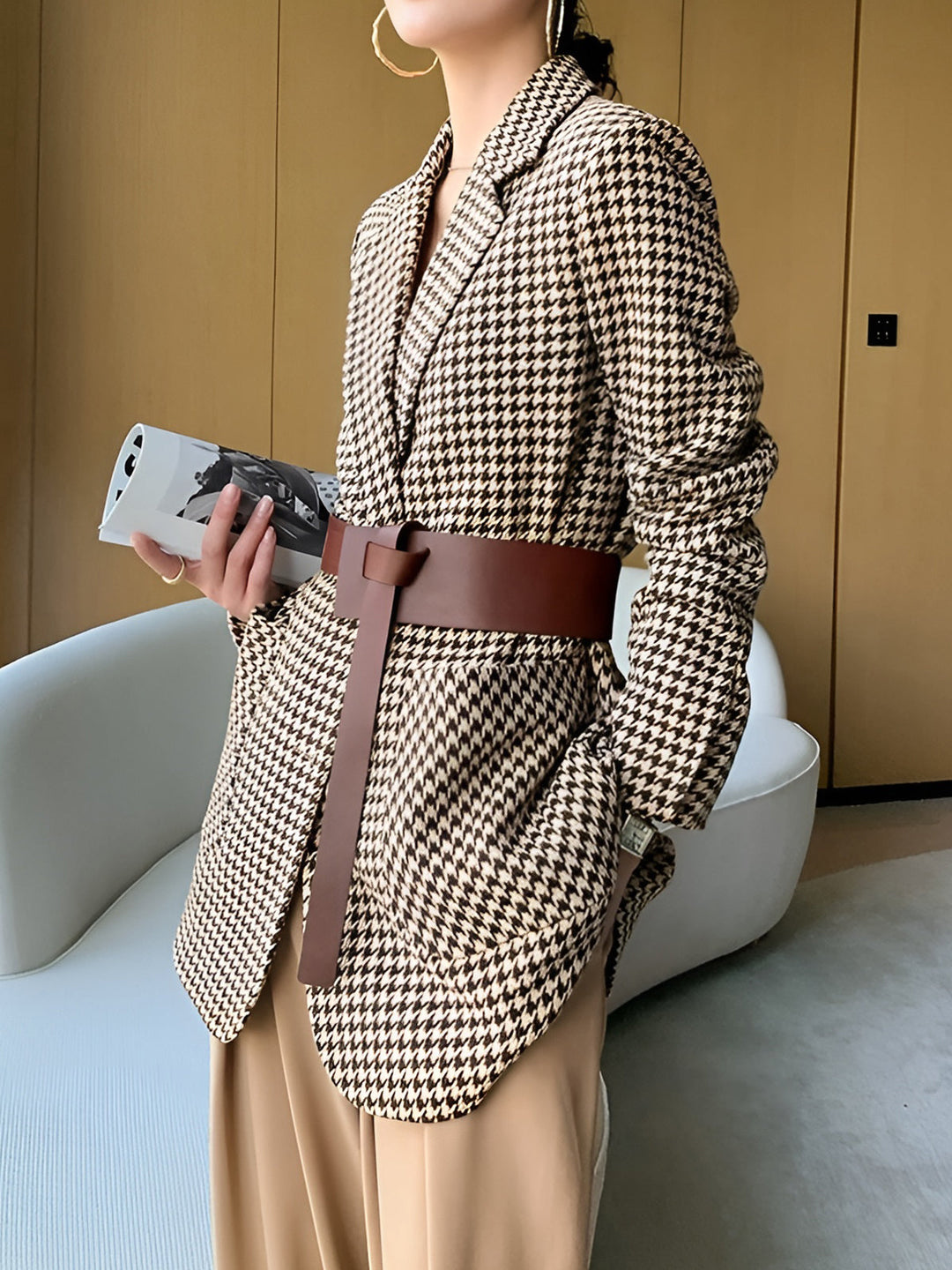 Damen Hahnentritt Blazer mit Knöpfen, Gürtel und Taschen